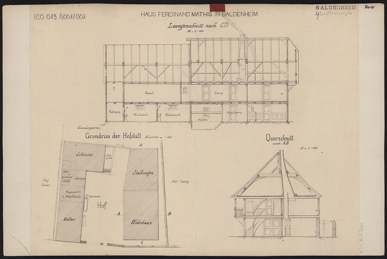 Plan de situation, coupes longitudinale et transversale du corps de logis.